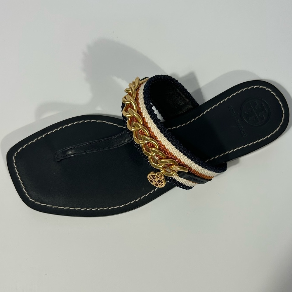 Tory Burch Jessa Thong Sandal Gold Horse-Head Hardware In Navy Blue Leather 5.5